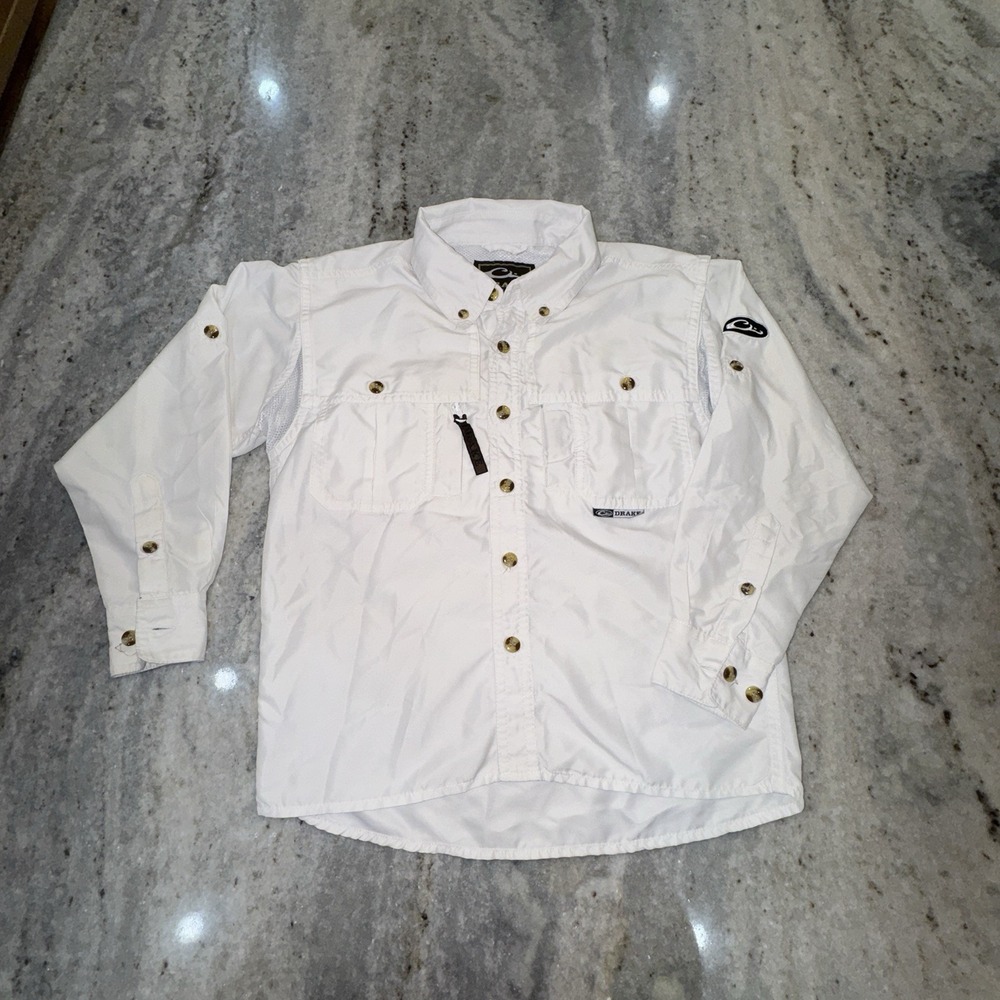 Drake Waterfowl Boys Sz 8 White Fishing Shirt Long Sleeve Vented Utility Medium